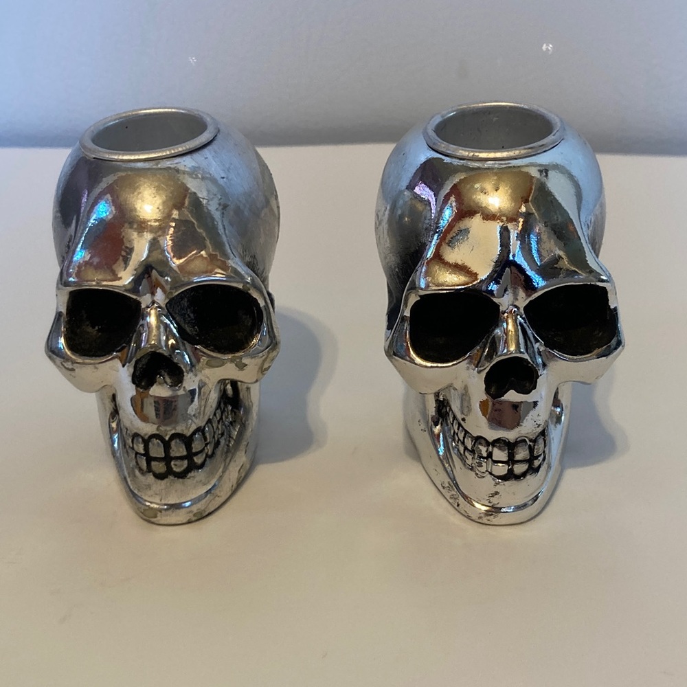 Boston Warehouse Silver Metallic Skull Taper Candle Holders Set of 2